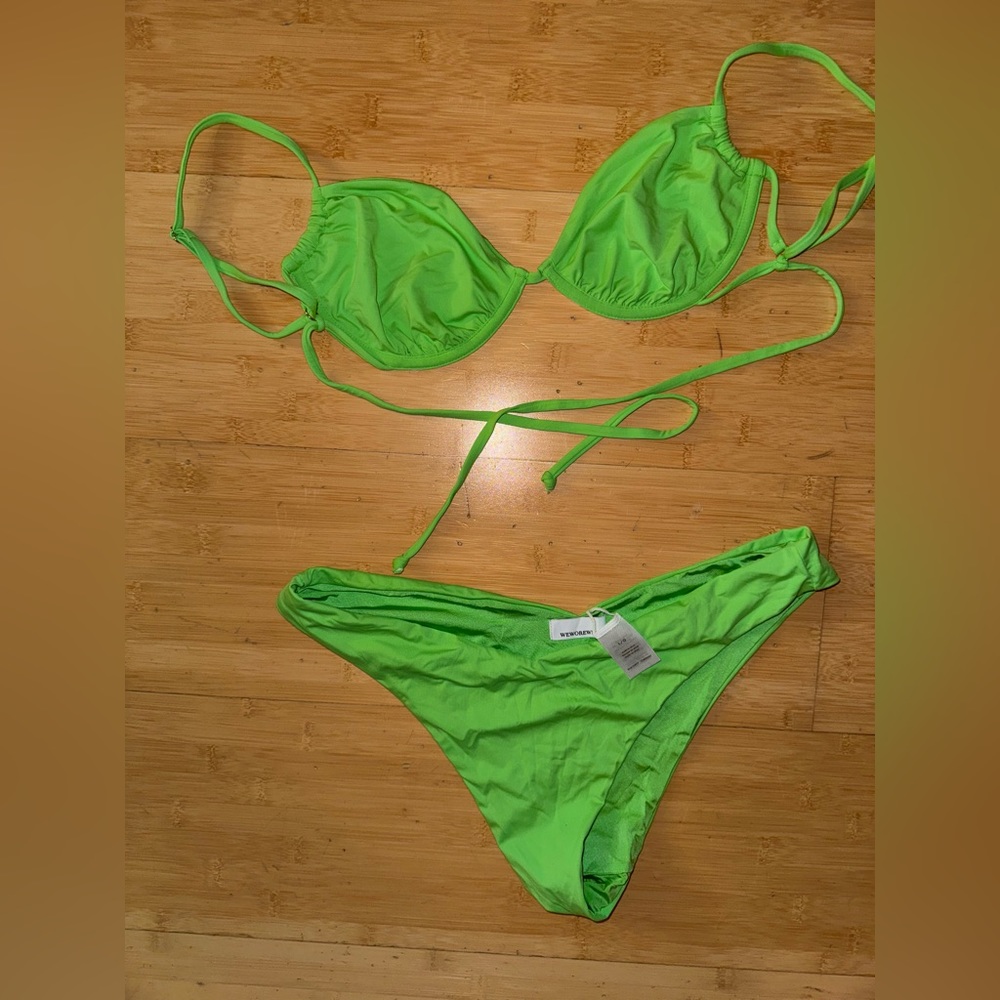WeWoreWhat lime green bathing suit (top & bottom) with crochet top cover up.
